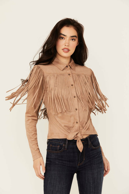 Idyllwind Fate Faux Suede Fringe Long Sleeve Button-Down Tie-Front Shirt