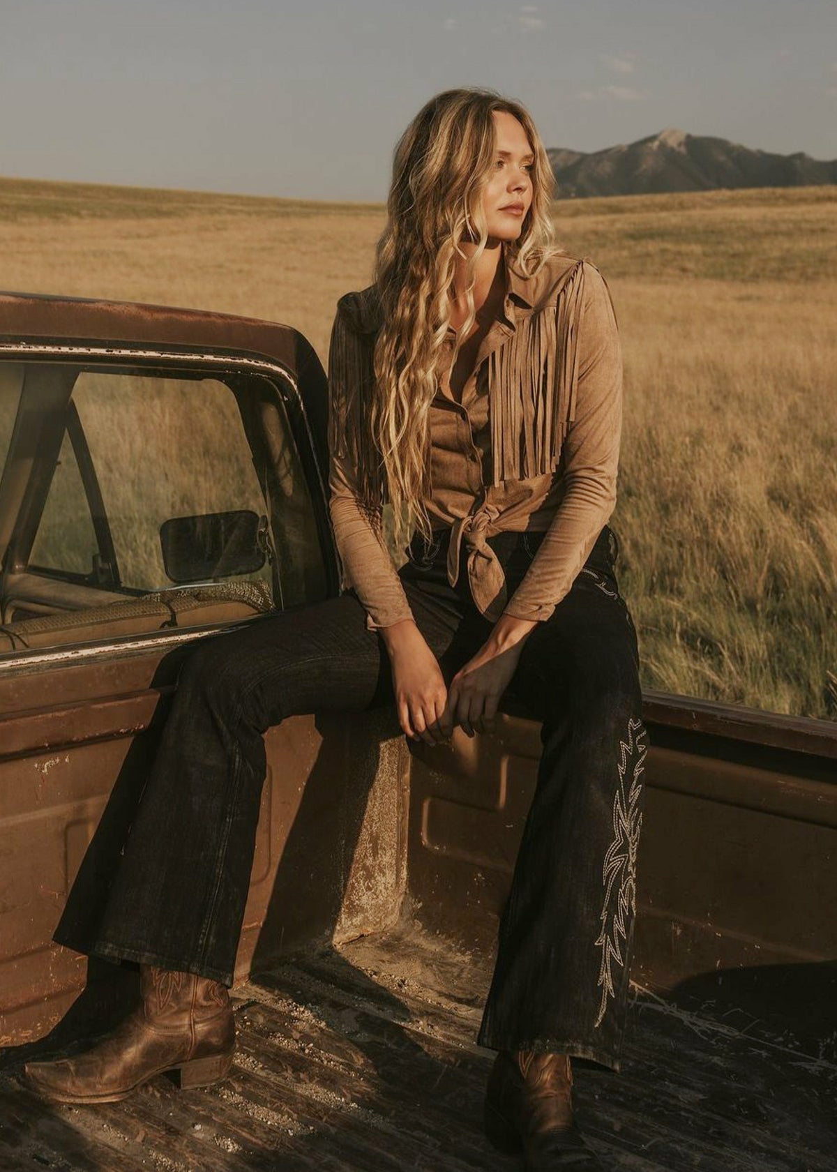 Idyllwind Fate Faux Suede Fringe Long Sleeve Button-Down Tie-Front Shirt