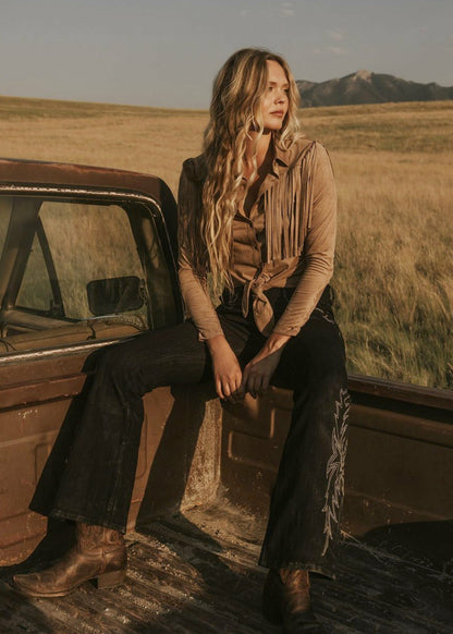 Idyllwind Fate Faux Suede Fringe Long Sleeve Button-Down Tie-Front Shirt