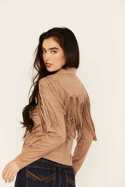Idyllwind Fate Faux Suede Fringe Long Sleeve Button-Down Tie-Front Shirt