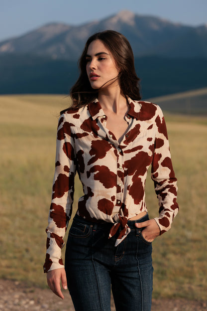 Idyllwind Jeny Cow Print Long Sleeve Snap Tie-Front Western Shirt