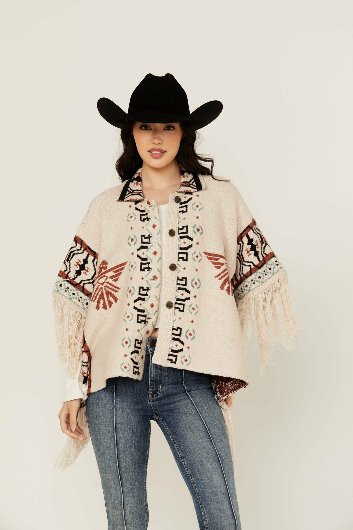 Idyllwind Flyaway Southwestern Print Fringe Button-Down Poncho