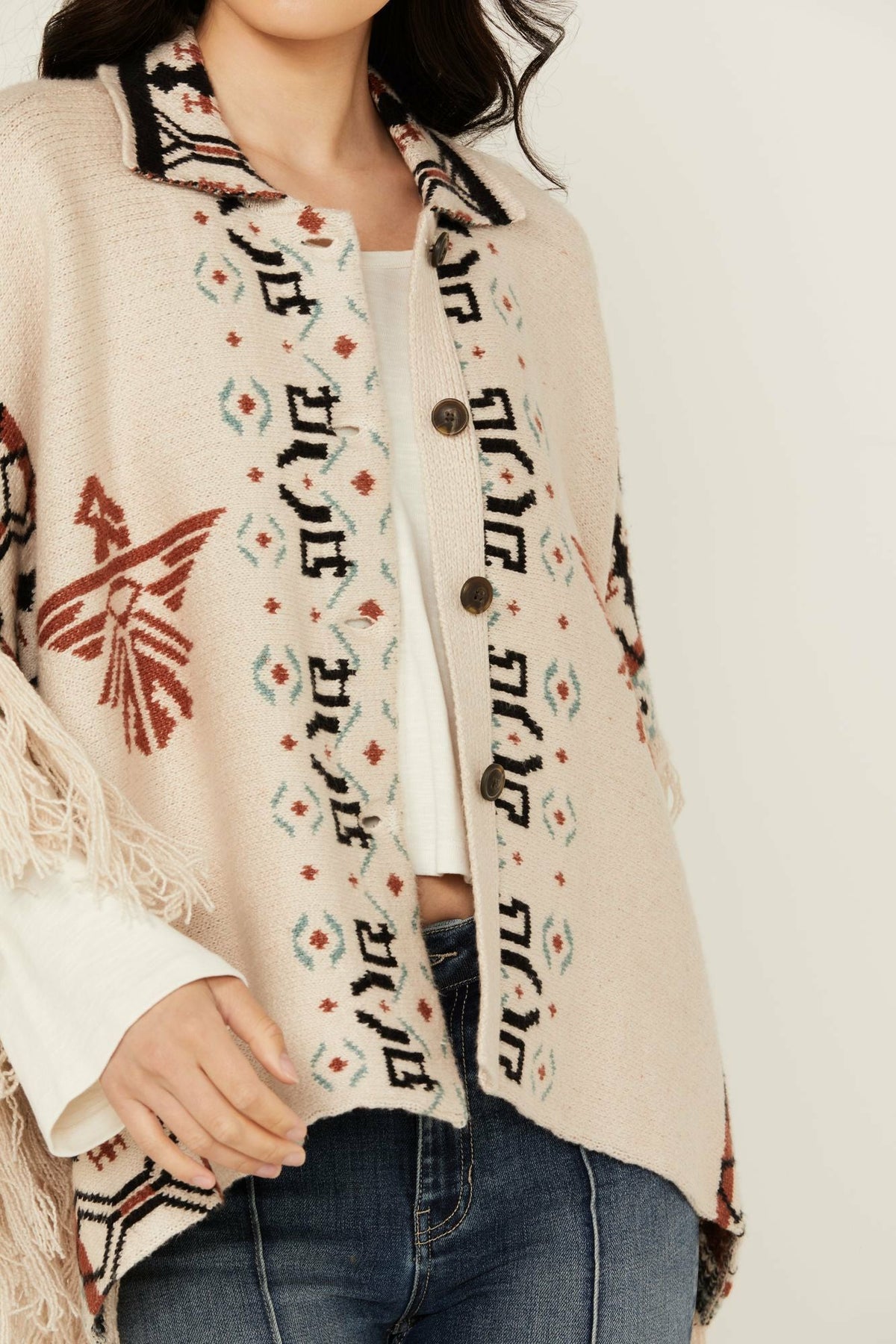 Idyllwind Flyaway Southwestern Print Fringe Button-Down Poncho