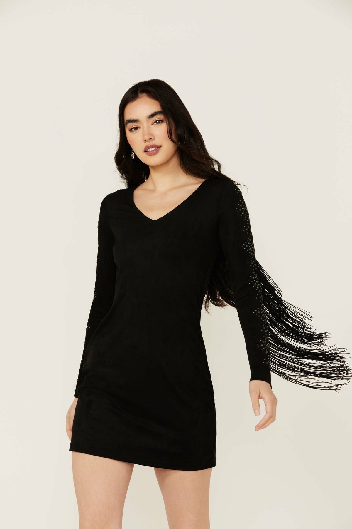 Idyllwind Lois Studded Long Sleeve Fringe Mini Dress