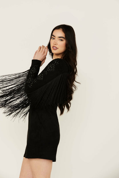 Idyllwind Lois Studded Long Sleeve Fringe Mini Dress