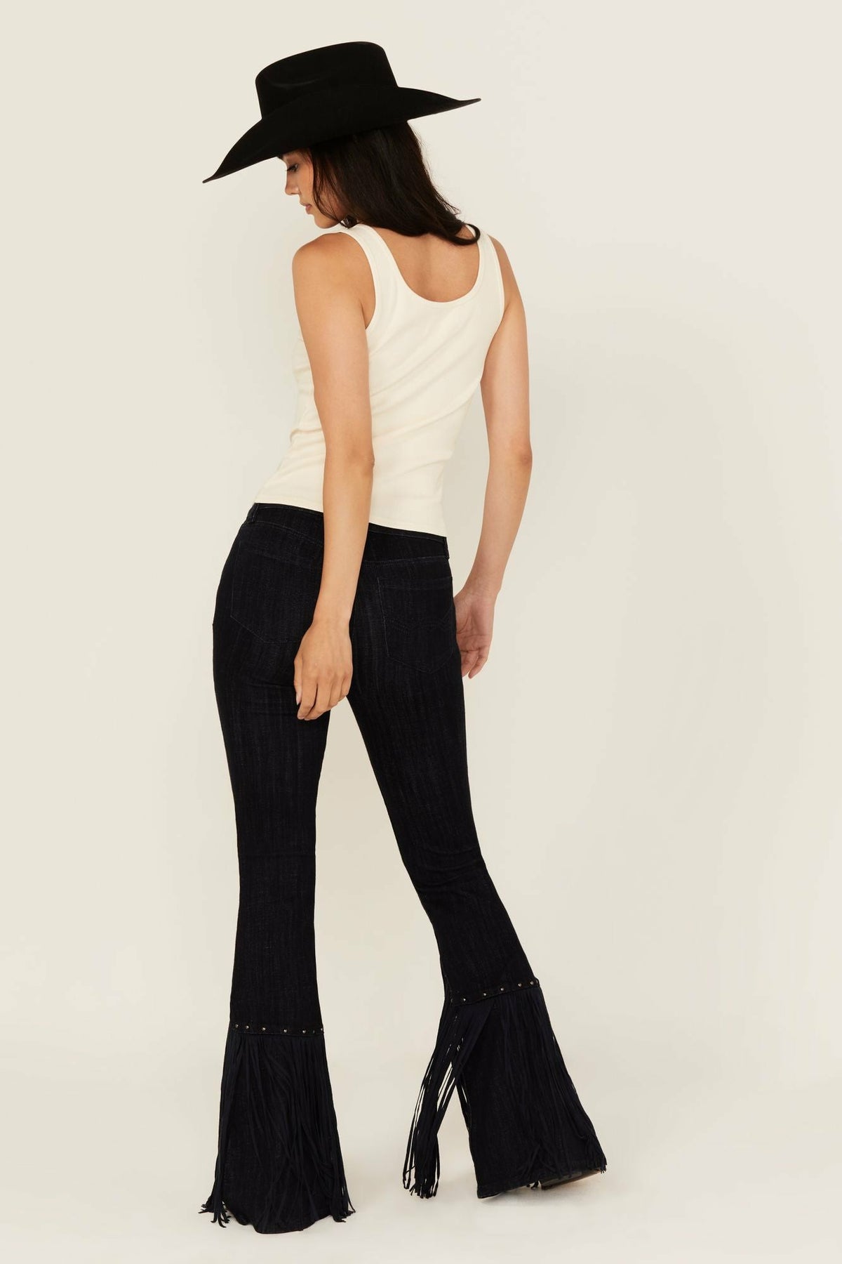Idyllwind Magnolia Dark Wash Outlaw High Rise Studded Fringe Super Stretch Flare Jeans