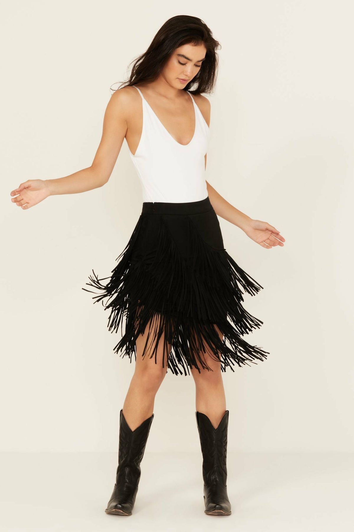 Idyllwind Tina Asymmetrical Faux Suede Fringe Mini Skirt